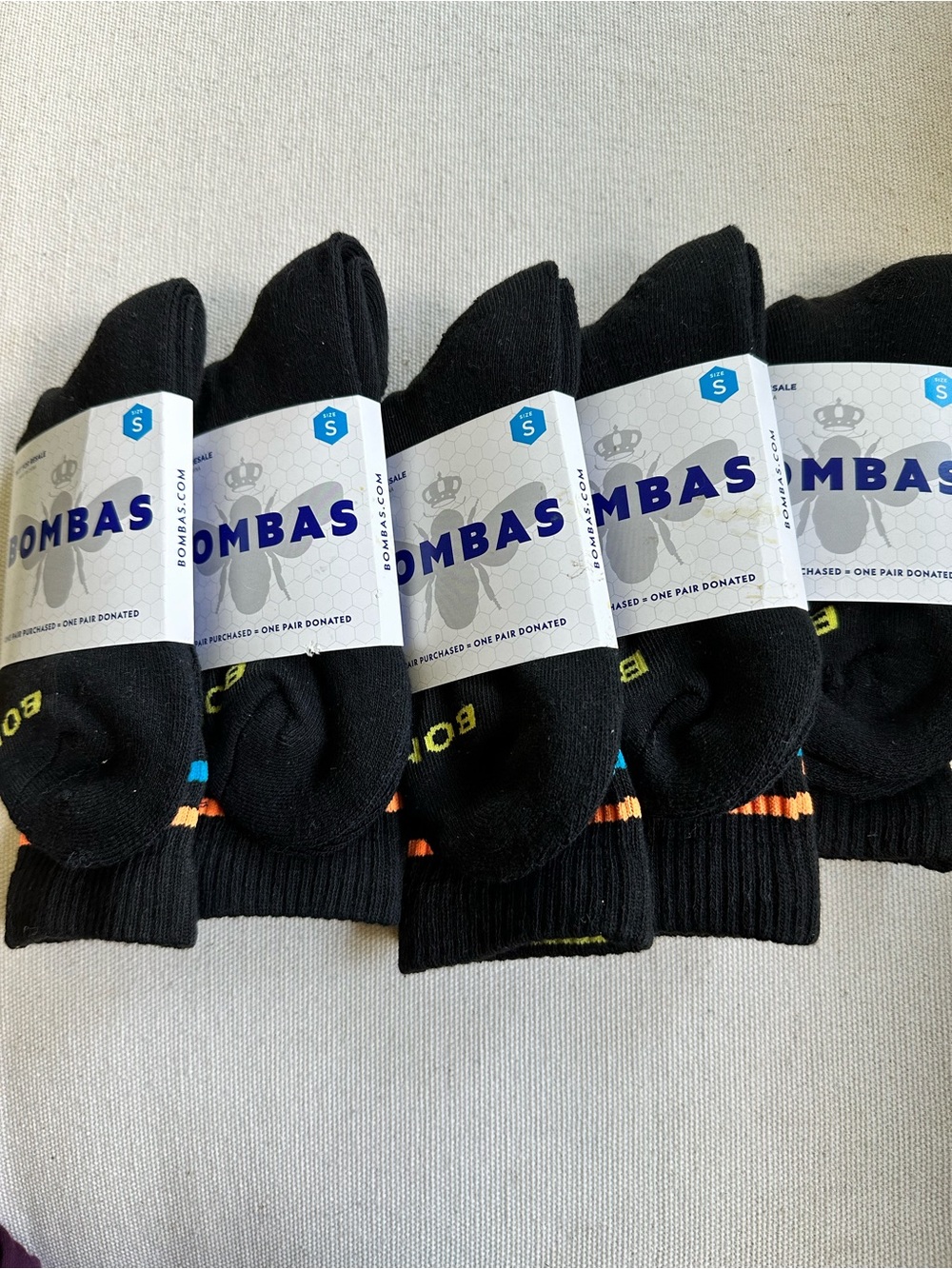 Bombas Kids Black Ankle Athletic Socks with Multicolor Accent Stripes - 5 Pack